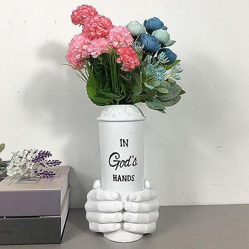 RJSQAQE Vase de cimetière unique en résine blanche, décoration funéraire étanche dans la main de Dieu, vase de fleurs artificielles pour funérailles