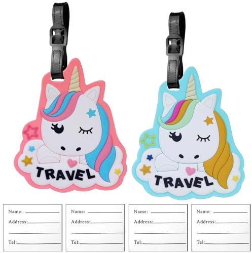 2 Stück Kofferanhänger Koffer Süßes Einhorn mit 4 Adressschild, Gepäckanhänger ID Etikett Gepäck Handtasche Tag Koffer Tasche Etiketten Name Adresse Schilder Reisezubehör für Kinder Frauen Mädchen