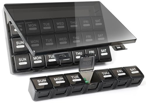 Tablettenbox Monat 28 Tage Pillendose, 4 Wochen Medikamentenbox 7 Tage 1 Fach, Reise Pillenbox Große Fächer, Schwarz Monatlicher Tabletten Organizer für Vitamine, Fischöle, Medikamente
