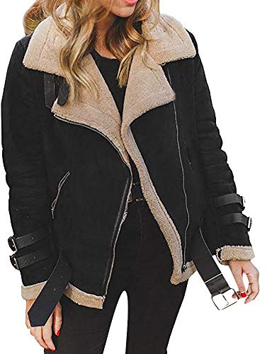 Kunstpelz Mantel Damen Lederjacke Damen Warm Winterjacke Mit Teddyfutter Revers Bomberjacke,Wildlederjacke Dicke Biker Motor ReißVerschluss Outwear