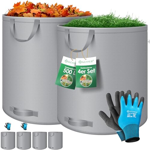 KESSER® Set de sacos para jardín, Saco para residuos de jardín incl. guantes, 4 asas, estable/robusto/plegable - Sacos para hojas, 500 l (4er Pack) / Gris