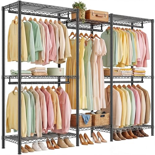 REIBII 378kg Strong Heavy Duty Clothes Rail with Adjustable 8 Shelves and 5 Hanging Rods,195Hx190W x 45Dcm Liner Shape & L-Shape Freestanding Clothes Rail for Bedroom, Walk-in Closet, Black