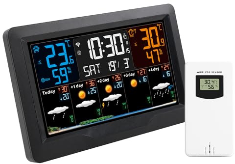 FJ3390TY-A WLAN-Smart-Wetterstation mit Uhr, Innen- und Außentemperatur- und Luftfeuchtigkeitsmesser, multifunktionaler großer Farbbildschirm, Wetteruhr, Temperatur- und Luftfeuchtigkeitsmesser mit 1