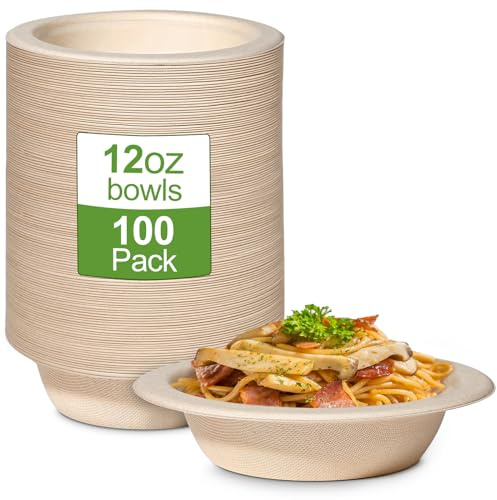 100 Pack 12oz Brown Paper Disposable Bowls Compostable Sugarcane for Soup | Strong & heavy duty, compostable & biodegradable, for parties BBQs picnics weddings