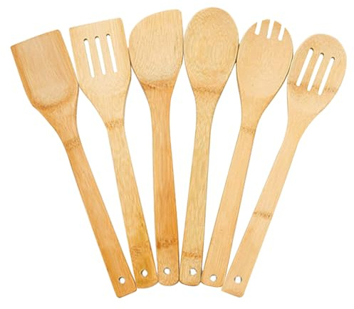 Taasmoog 6 Piece Wooden Spoons Cooking Utensils, Bamboo Wooden Spoons, Slotted Bamboo Spoon, Wooden Spatulas, Premium Wooden Kitchen Utensils