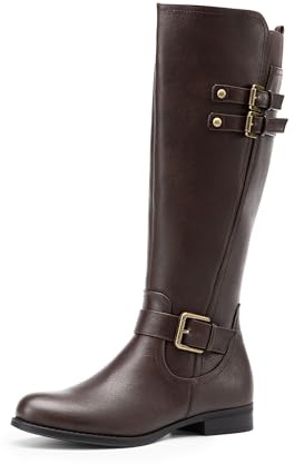 DREAM PAIRS Women's Knee High Riding Pirate Boots, Comfortable Low Chunky Heel Flat Motorcycle Buckle Boots for Women,Size 8,Brown,SDKB2413W