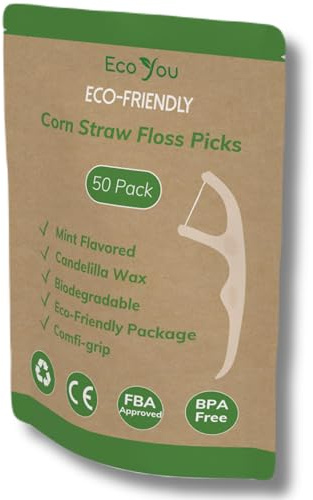 EcoYou Bastoncini di filo interdentale biodegradabili, 50 pezzi, bastoncini di filo interdentale alla menta con cera Candelilla, pulizia dei denti ecologica