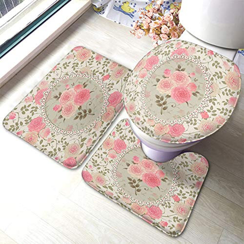 Set 3 Teilig Badvorleger Shabby Chic Blumenmuster Spitzenrahmen Mit Einem Blumenstrauß Badgarnitur Badematten Langlebige Dekorative Wc-Deckelbezug, Für Wc-Sitz Bezug, Wohnzimmer