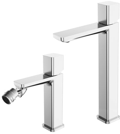 Set di rubinetti lavabo alto e bidet in ottone cromato con manopola senza leva e piletta universale click clack in acciaio, LOTUS