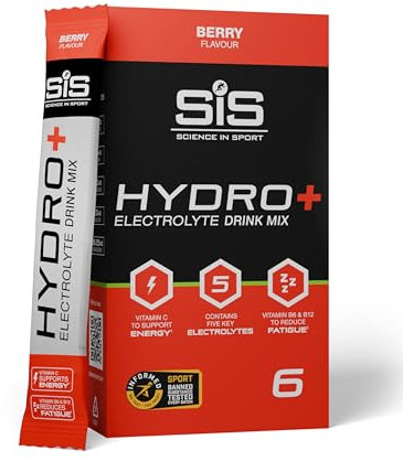 Science in Sport Hydro+ Electrolytes Powder Sachets with 5 Essential Electrolytes and Added Vitamins C, B6, and B12 for Hydration Drink | Berry, Pack of 6 Sachets