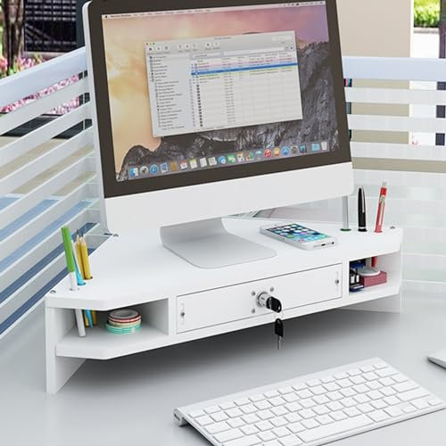 GZKDKZB Eckmonitorständer, Eckregal für den Bürotisch, 2-lagig, platzsparender Monitorständer mit Schublade und Schloss, Aufbewahrung für Computer/Bildschirm/Monitorerhöhung, 12 cm Höhe (F