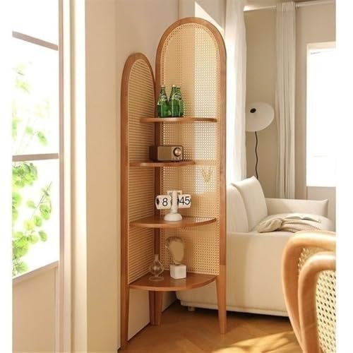 SAYEYBU Dreieckiges Eckregal Aus Rattan Mit 4 Ebenen, Schrank-BüCherregal Mit Kirschholz-Finish, Hohe Eck-BüCherregale, FüR Wohnzimmer, Schlafzimmer Und BüRo,01