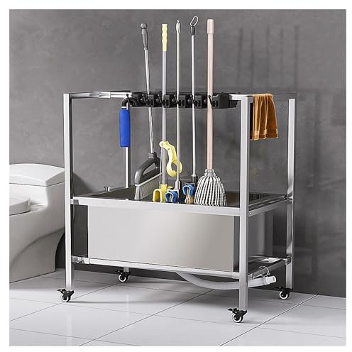 Organizador de carrito para fregona y escoba, organizador para suministros de limpieza, cubo de fregona, herramientas de jardín, armario de almacenamiento para fregonas húmedas, escobas y herramientas