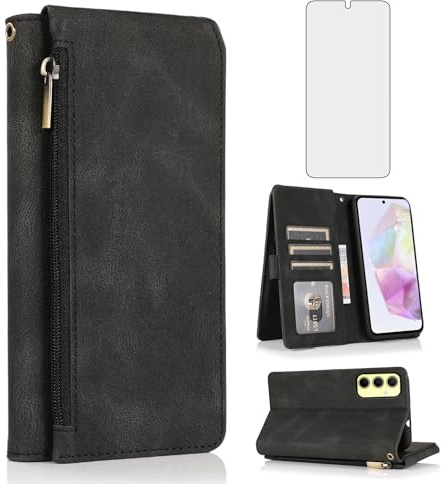 Asuwish Coque pour Samsung Galaxy A35 5G Portefeuille avec Verre Trempé et Porte Carte Chaine PU Cuir à Clapet Étui Housse Support Galaxie A 35 35A A355G Téléphone Case Vitre Protection Femme Noir