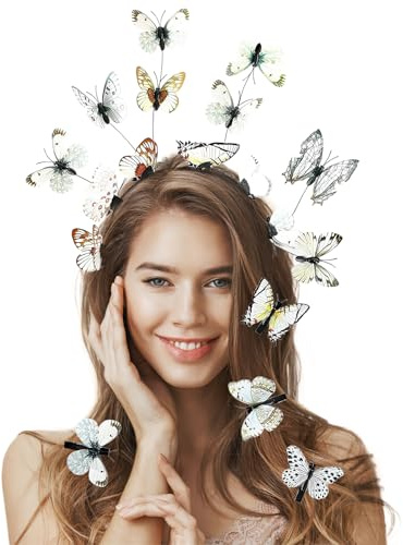 Schmetterling Haarreif + 8PCS Schmetterling Haarspange, Schmetterlings Fascinator Stirnbänder, Schmetterling Stirnband für Damen Mädchen Halloween Karneval Cosplay Kostüm, Weiß