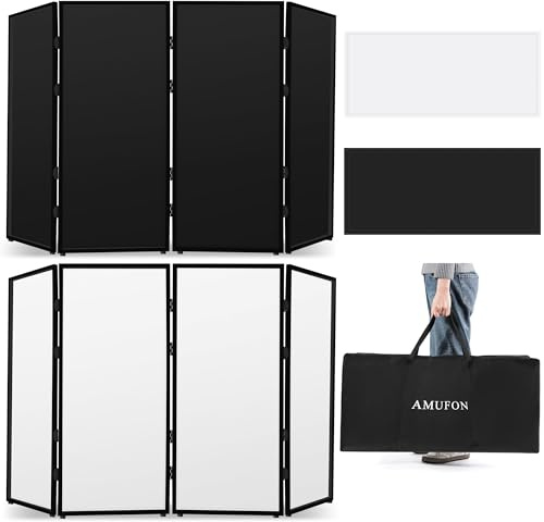 AMUFON DJ Facade Booth, DJ Stand Portable Event Cover Screen with Foldable 4 Detachable Metal Frame Light Projector Display Scrim Panel Stand with Carry Bag for Party,Show,Gathering(White and Black)