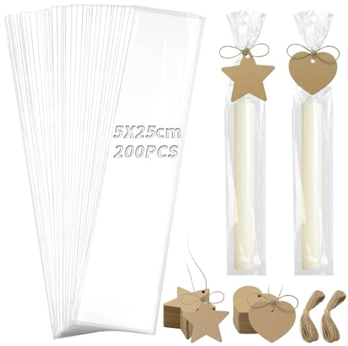 TXXATX 200 Pezzi Sacchetti Plastica Trasparenti 5x25 cm Sacchetti per Candele Bustine Trasparenti Sacchetti Cellophane con 200 Etichette in Carta Kraft e 40m Spago per Candele Biscotti Matrimoni Feste