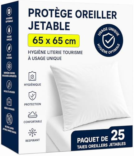 Protector de almohada de 65 x 65 cm – Paquete de 25 fundas de almohada desechables – Funda de protección cojín de uso único – Higiene Ropa de cama turismo (Campings - Hoteles - Casas …)