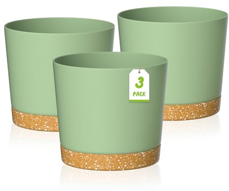 ZMTECH 25cm Plant Pots, Modern Planters with Drainage Holes and Detachable Saucer, Plastic Flower Pots for Plants for House Garden Windowsill (Set of 3, Green)