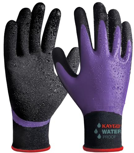 KAYGO guanti da lavoro impermeabili per uomini e donne con doppio lattice rivestito, antiscivolo grip, per giardinaggio, lavaggio auto, pesca, pulizia, KG150 (Viola, S, taglia 7, 1 paio)