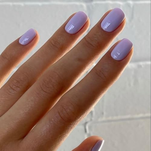 KQueenest Light Purple Press on Nails Short Square, Short False Nails Coffin, Glossy Solid Lavender Small Fake Nails Set, Perfectly Fit, Reusable Gel Stick on Nail for Women Daily Wear 24 Pcs