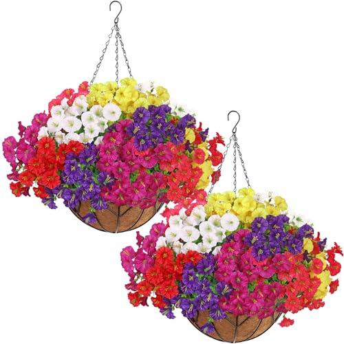 ASTNIC 2Pcs Artificial Hanging Baskets Outdoor Artificial Flowers Mix6Color | Faux Eucalyptus Morning Glory Fake Hanging Plant Spring Silk Flower DIY Chain Hanging Basket for Garden Front Door Home Decor