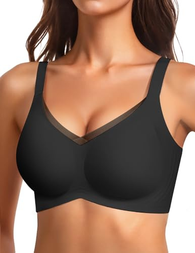 Vertvie Sömlös bh utan bygel, sport, bustier, kors, spets, V-hals, push-up, sömlös bh, bekväma, helkupor, stora storlekar, mjuk bralette med förlängning, svart, XXL