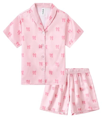 Ewbob Girls Silk Satin Pyjamas Set Short Sleeve Kids PJs Nightwear 5-14Y | Girls Silk Satin Pyjamas Set,Short Sleeve,Button-Down Kids PJs.Breathable,Soft Nightwear,Children Sleepwear,Age 5-14