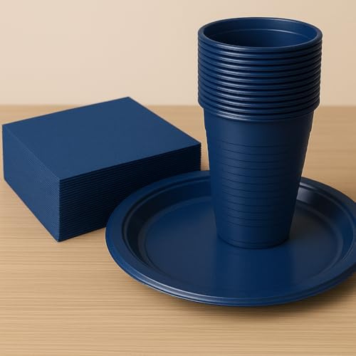 Set Completo per Feste da 300 Pezzi in Blu– 100 Piatti, 100 Bicchieri e 100 Tovaglioli Coordinati per 100 Persone – Ideale per Battesimi, Compleanni, Baby Shower, Eventi e Cerimonie Eleganti