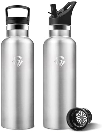 Motswedi Botella Termica Agua Acero Inoxidable, 500ml Libre de BPA, 2 Tapas Incluidas (Con Pajita), 304 Acero Inoxidable, Botellas para Escuela, Yoga, Montañismo - Gris Acero