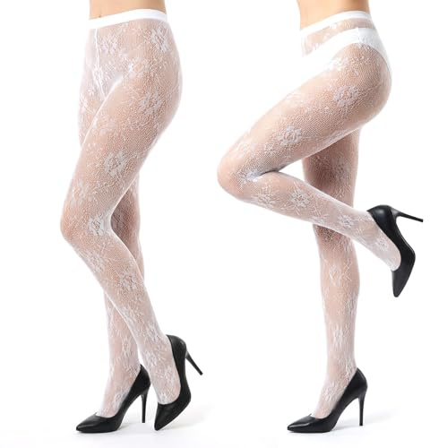 HaiFafafaing 2 paia di collant a rete da donna con pizzo, collant a rete bianche elastiche a vita alta per donna, con motivo a rete, pizzo, collant per Halloween, accessori Y2K