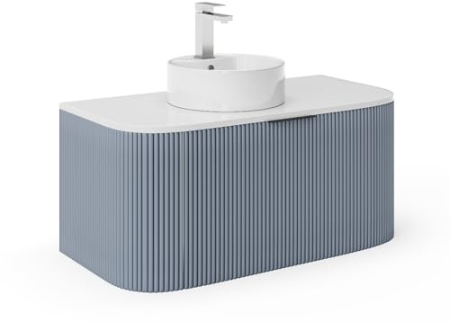 Vente-unique-Mobile bagno sospeso con scanalature e lavabo da appoggio 100 cm Blu opaco - LOMERI