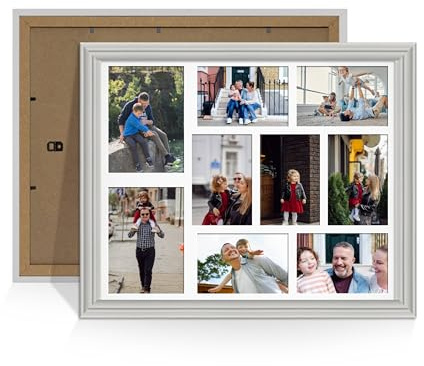 Alison Kingsgate Light Grey 20x16 Photo Frame for Multiple Pictures | 9 Aperture Family Photos, Collage Frame for Wall with White Mount – Holds 2x 7x5 & 7x 6x4 Photos – Engineered Wood & Perspex