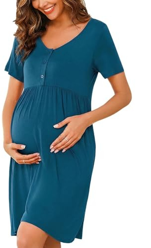 Bresdk Nighties for Women Cotton Maternity Nightdress Button Down | Short sleeves, elasticated waist, breathable feel, nursing nightdress for pregnancy, postpartum, sleeping and home wear