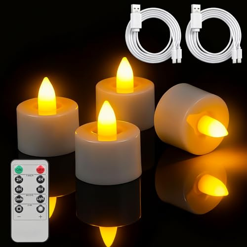 ropelux 4 wiederaufladbare Teelichter mit USB-C-Kabel, realistisch flackernde dimmbare Kerzen für Weihnachten, Hochzeiten, Partys, Feste