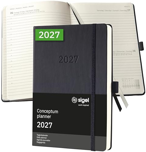 SIGEL Conceptum Terminplaner 2027 A5 Tageskalender Hardcover schwarz | C2710, 400 Seiten, Chefkalender mit Gummiband, Stiftschlaufe und Archivtasche aus nachhaltigem Papier