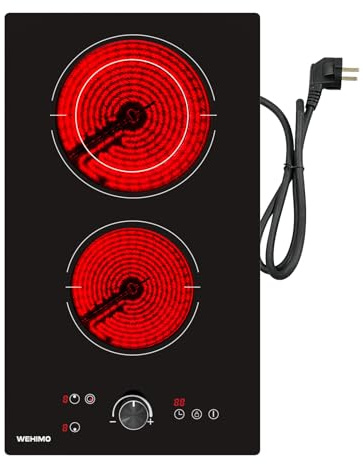 WEHIMO Glaskeramikkochfeld 2 platten, 3400W (2200W+1200W), Drehknopfsteuerung, Doppelringbrenner, 9 Heizstufen, Berührungssteuerung, Kindersicherung, 1-99min Timer, Geeignet für Alle Töpfe