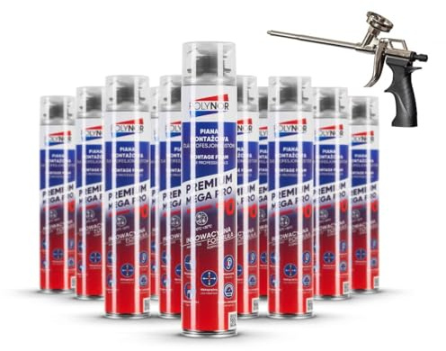 POLYNOR PREMIUM MEGA PRO 70 monteringsskum – monteringsskum för alla årstider – 12-pack + skumpistol – för fönster och dörrar – tätning av springor och fogar – PUR 70L – 850 ml