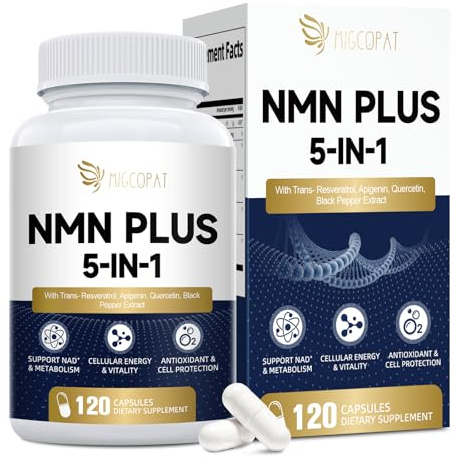 Migcopat NMN Supplement 1000mg – NMNH Alternative 5-in-1 NAD Supplement w/Resveratrol, Apigenin, Quercetin & Black Pepper – Supports Cellular Energy, Healthy Aging & Longevity – 120 Veggie Capsules