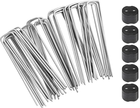 KATLKIU 100 piquetas en U de 15 cm con 100 arandelas, estacas de jardín de acero galvanizado para tela de mantillo, hierba sintética, red antihierbas, vallas y tubos de riego