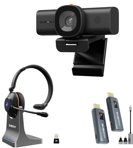 Svbony Kit Videoconferenza Wireless Completo: Trasmettitore HDMI 1080P 80m, Webcam 2K con AI Noise Reduction, Cuffie Bluetooth con Microfono e Base di Ricarica, Plug & Play per Smart Working e Ufficio