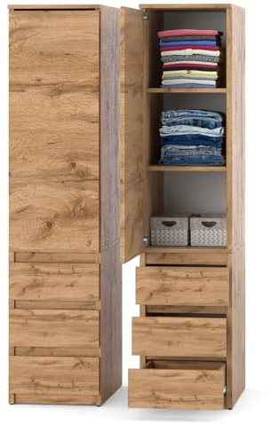 ELVA Kleiderschrank 40 cm breit – Modularer Mehrzweckschrank Wotan Eiche – Grifflos Design Hochschrank mit Schubladen & Türen – Schmaler Vorratsschrank für Schlafzimmer, Flur & Büro