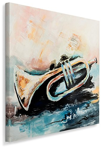 Feeby. Wandbild - 1 Teilig - 40x40 cm, Leinwand Bild Leinwandbilder Bilder Wandbilder Kunstdruck, TROMPETE, MUSIK, BRAUN, BLAU