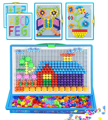 Kids Jigsaw Puzzle Board Mushroom Nails Pegboard DIY Assorted Color Mosaic Kit Game Educational Toys Popular Birthday Christmas Toys for Children Girls Boys Age 3-8 Years (295 PCS)