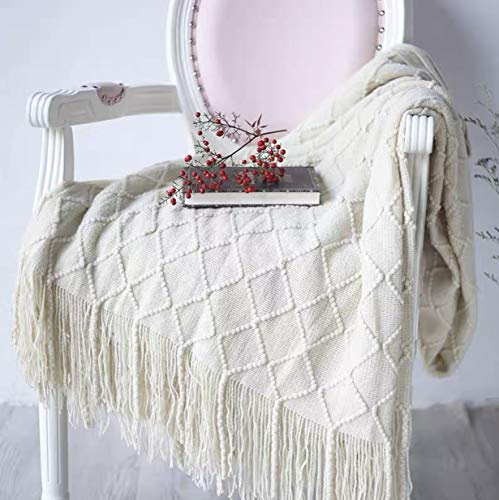 OliveSleep Gestrickte Überwurfdecke mit Fransen, leicht, weich, warm (Elfenbeinfarben, 125 x 152 cm)