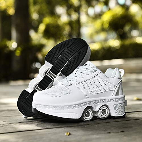 JTKDL Rollschuhe Damen, 2 In 1 Inline Skates Kinder,Schuhe Mit Rollen Skateboardschuhe, Verstellbare Quad Skate Rollerskates Skating Sneakers Geschenke Für Kinder,Silver-EU35/UK2