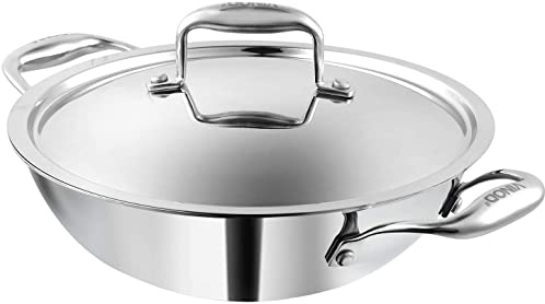 Vinod Platinum Extra Deep Stainless Steel Tri Ply Kadai Wok Saucepan Induction Friendly with Stainless Steel Lid, 24cm, 3.3 LTR