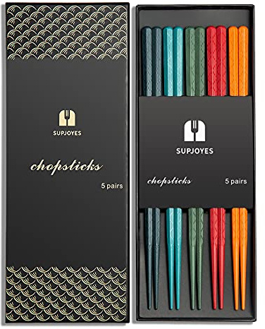 SUPJOYES 5-Pairs Colorful Reusable Chopsticks: Japanese Chinese Fiberglass Chopsticks Dishwasher Safe, Japanese Stick Gift Set with Gift Box, Non-Slip Chop Sticks