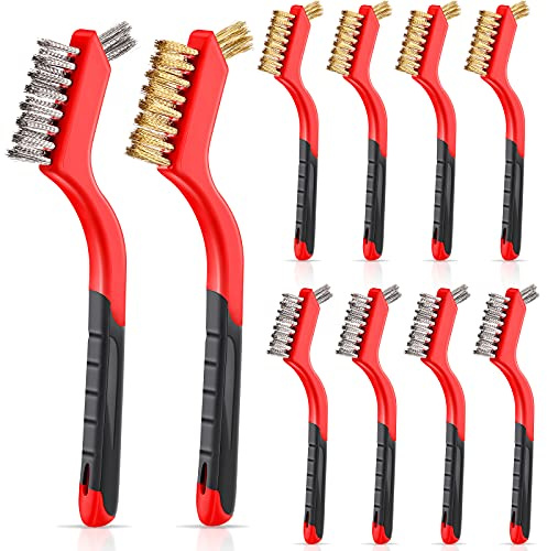 Patelai 10 Pcs Wire Brush Set Stainless Steel Brass Nylon Wire Brushes with Handle for Cleaning Narrow Areas Rust Removal Paint Scrubbing (Classic)