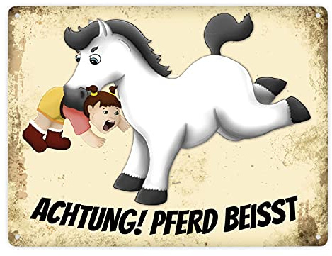 Achtung! Pferd beisst Metallschild XXL mit weißes Pferd Motiv